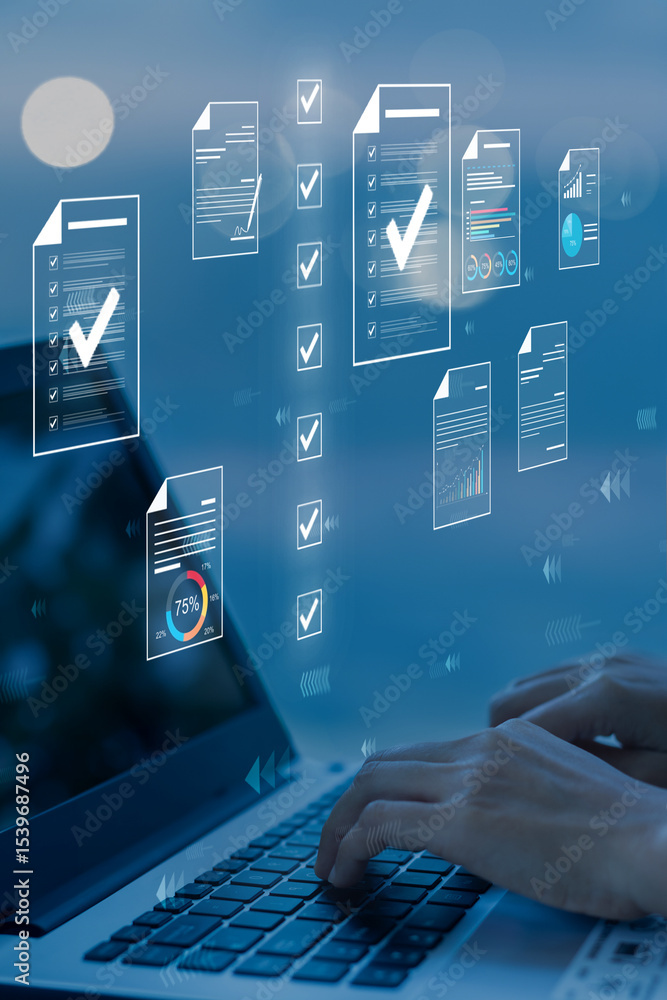 Aufkleber document management concept, check electronic documents on digital documents on virtual screen docum