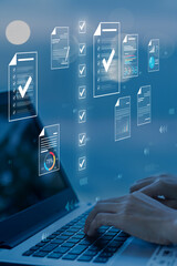 Naklejka na ściany i meble Document management concept, check electronic documents on digital documents on virtual screen Document Management System and process automation to efficiently document paperless operate