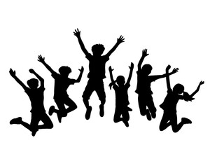 Silhouette of a group of children jumping, children jumping cheerfully and happily, isolated icon on white background