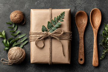 Eco friendly gift wrapped in kraft paper and twine with green leaf decoration. Concept of sustainable packaging, handmade gifts and zero waste lifestyle