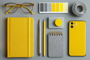 Top view of yellow office items including notebook, smartphone, pen, pencil and glasses on gray background