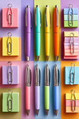 Flat lay of colorful pens, sticky notes and paper clips on colored background. Concept of school supplies, office organization and creative workspace