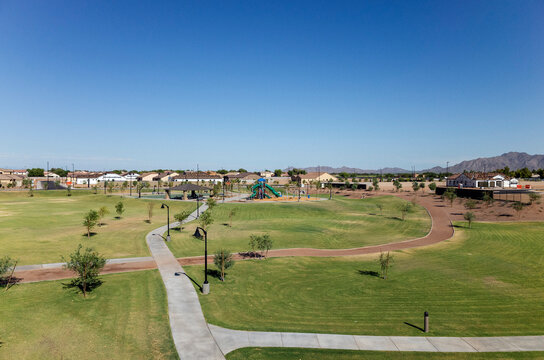 A park in a new neighborhood in the suburbs