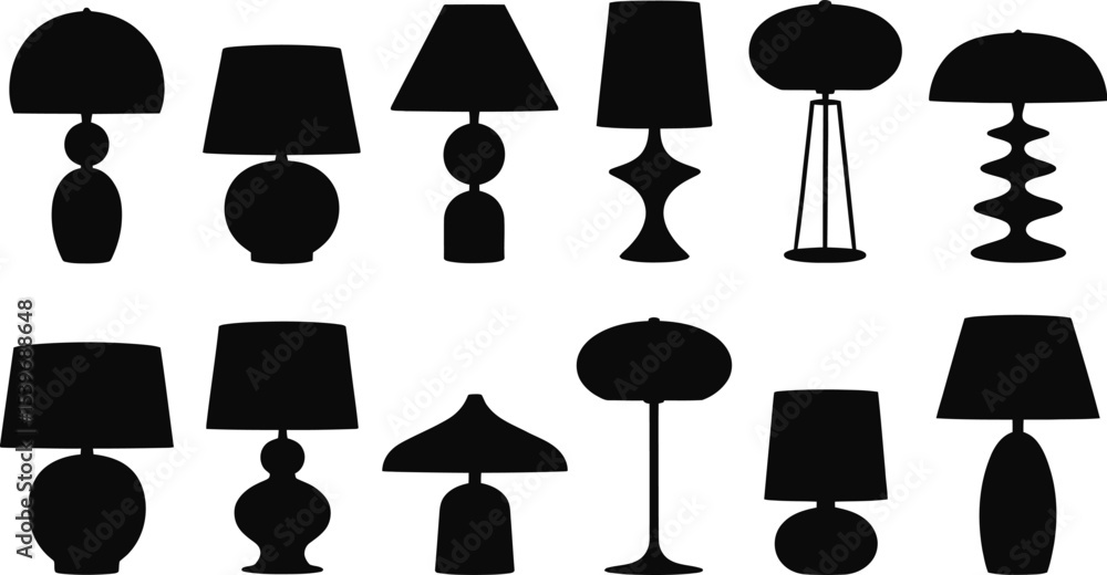 Poster a collection of various lamp silhouettes displayed against a stark white background in a neat arrang