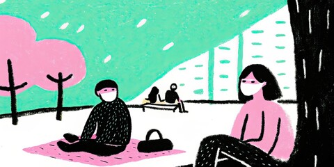 Illustration of people wearing masks in a park with trees and buildings in view