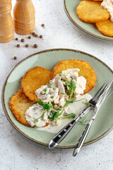 potato pancakes with sauce and mushrooms