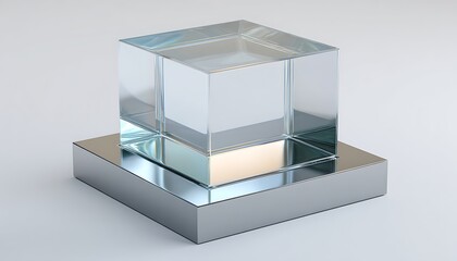 Glossy transparent packaging box on mirror-finish minimalist base