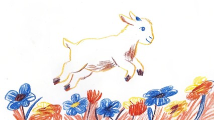 A crayon drawing of a goat leaping over a field of colorful flowers on white paper