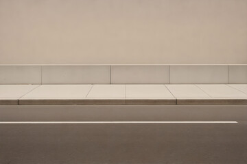 Empty city street and sidewalk in front of a wall 