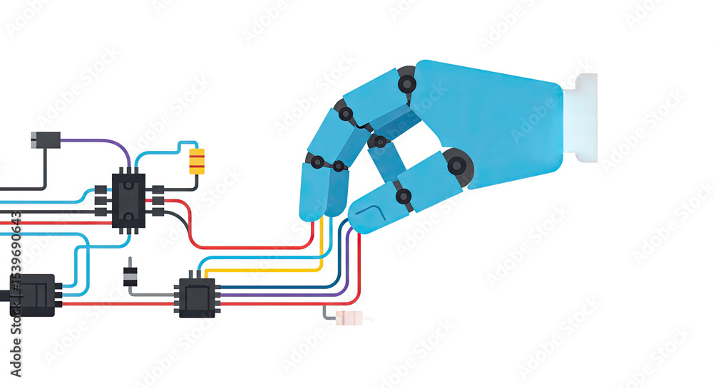 Aufkleber blue robotic hand connecting colorful wires to circuit components on black background
