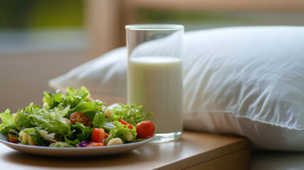 Fresh salad and warm milk on wooden nightstand with soft pillow, healthy sleep diet concept, balanced nutrition for good night rest, wellness and self care lifestyle.