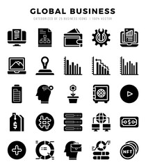 Global Business Glyph icons collection. 25 icon set in a Glyph design.