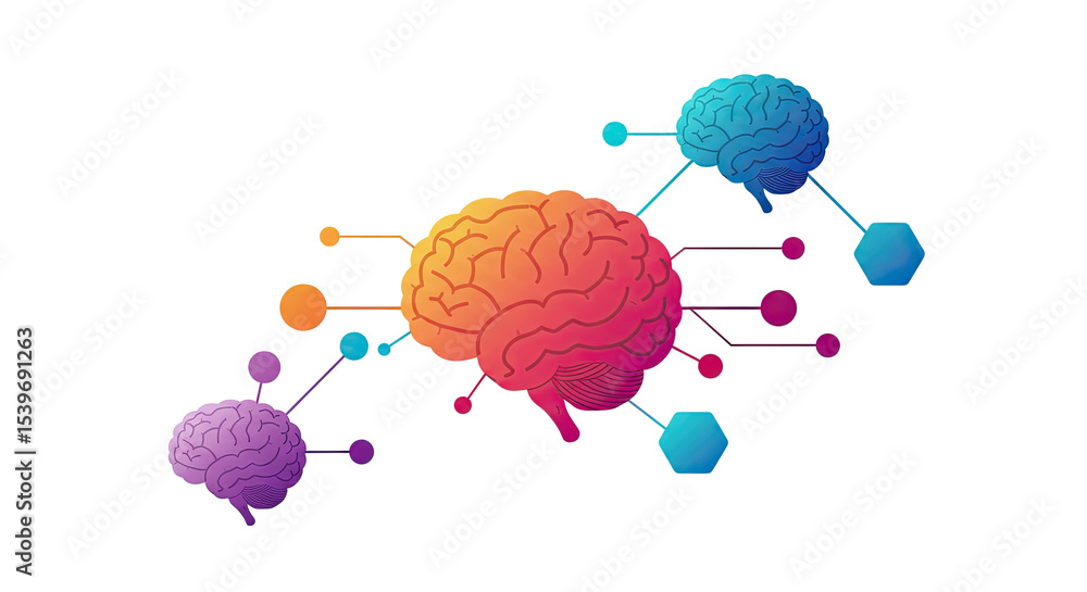 Poster Colorful illustration of multiple connected brains representing cognitive processes and networks