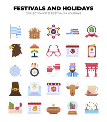 Collection of 25 Flat Icons. Festivals and Holidays