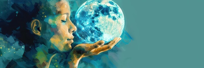 Celebrating world humanist day with a dreamlike moon concept for inspirational design. Horizontal banner. Copy space. Free space for text. Girl holding a globe on a blue background
