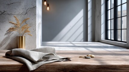 Sunlit interior scene; rustic wooden surface displays folded linen fabric, small stones, and brass vase with dried floral arrangement.  A large window and textured wall are visible