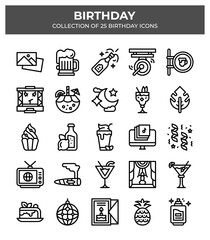Birthday Icons Collection. 25 Unique Party Celebration Vector Line Icons