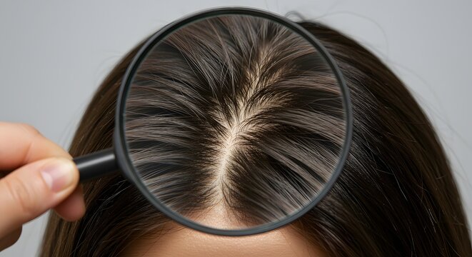 Scalp pores enlarged with a magnifying glass. Hair loss, scalp care concept.