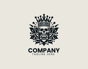 A regal skull king with ornate crown and intricate bone details in a bold gothic vector logo design