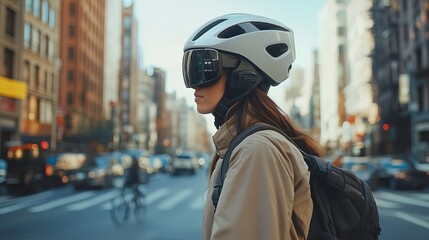 A cyclist navigating city streets using an AR-powered smart helmet 