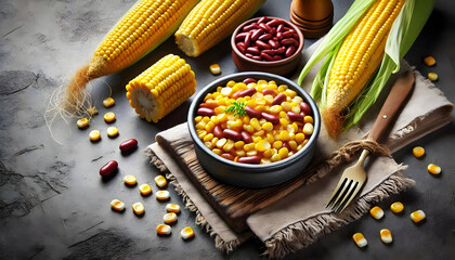 Cooked corn and red kidney bean in a bowl