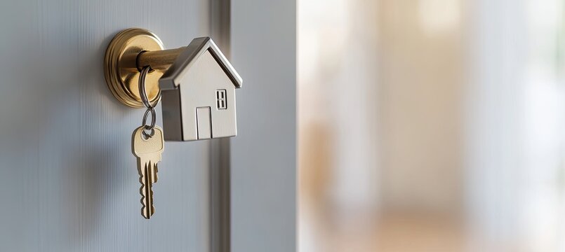 House-shaped keychain on a door lock