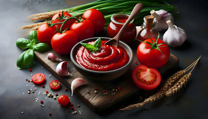 homemade tomato paste ketchup in a bowl surrounded by tomatoes, horizontal dark