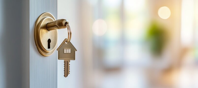 A gold key with a house charm in a white door lock, doorway - Powered by Adobe