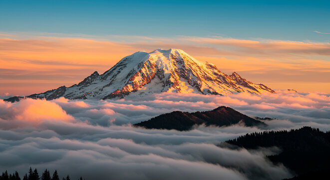  Colorful illustration of snow-capped mountains among clouds against the backdrop of a sunset sky - Powered by Adobe