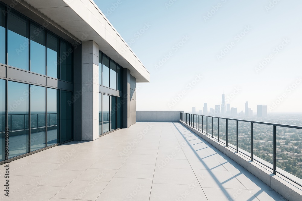 Poster modern rooftop terrace with large glass windows and cityscape background under clear sky on a sunny 
