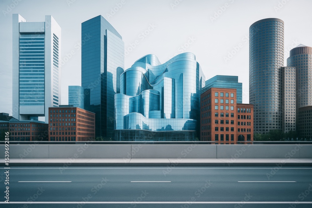 Poster futuristic glass architecture with abstract curves surrounded by modern high-rise buildings in an ur