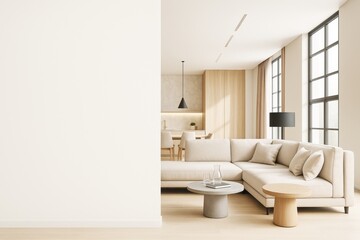 Contemporary bright living room interior with modern furniture, large windows, and blank wall for design mockup or branding template.