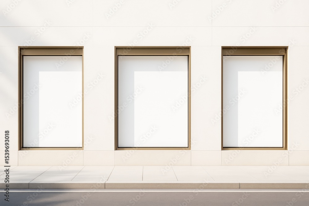 Poster blank storefront windows on modern building wall with clean sidewalk and natural light for branding 
