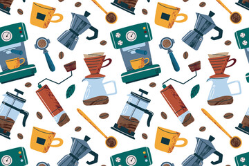 Coffee making pattern with espresso machine, pour over set, moka pot, grinder, mugs vector illustrations. Flat cartoon elements. Home brewing, barista tools, background for coffee designs