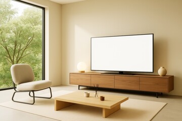 Modern minimalist living room interior with blank TV screen, wooden furniture, and large window with natural light and neutral tones.