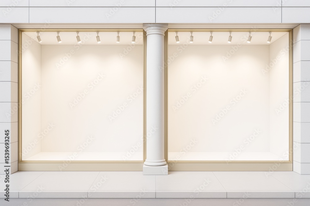 Poster Elegant empty storefront display windows with central column and spotlight lighting on clean white background for branding or product presentation.