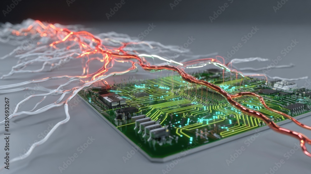 Poster stylized cable circuit board merging into nerves illustrates the connection between technology and b
