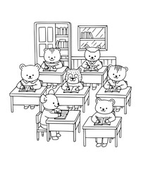 A group of animals in a school classroom