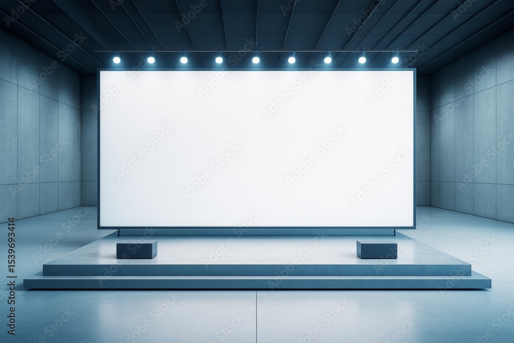 Poster modern empty presentation stage with blank white screen and spotlight lighting in futuristic concret