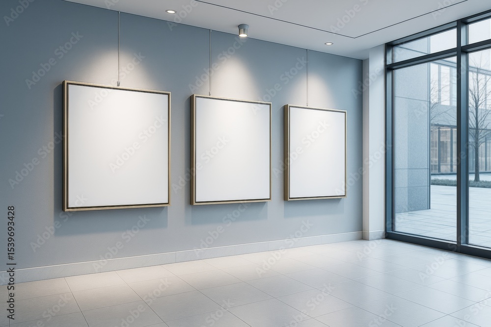 Poster contemporary art gallery interior with three blank square frames on wall in bright room with large w
