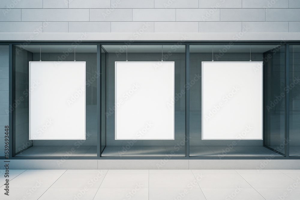Poster blank posters hanging inside modern glass storefront windows in clean architectural setting for bran