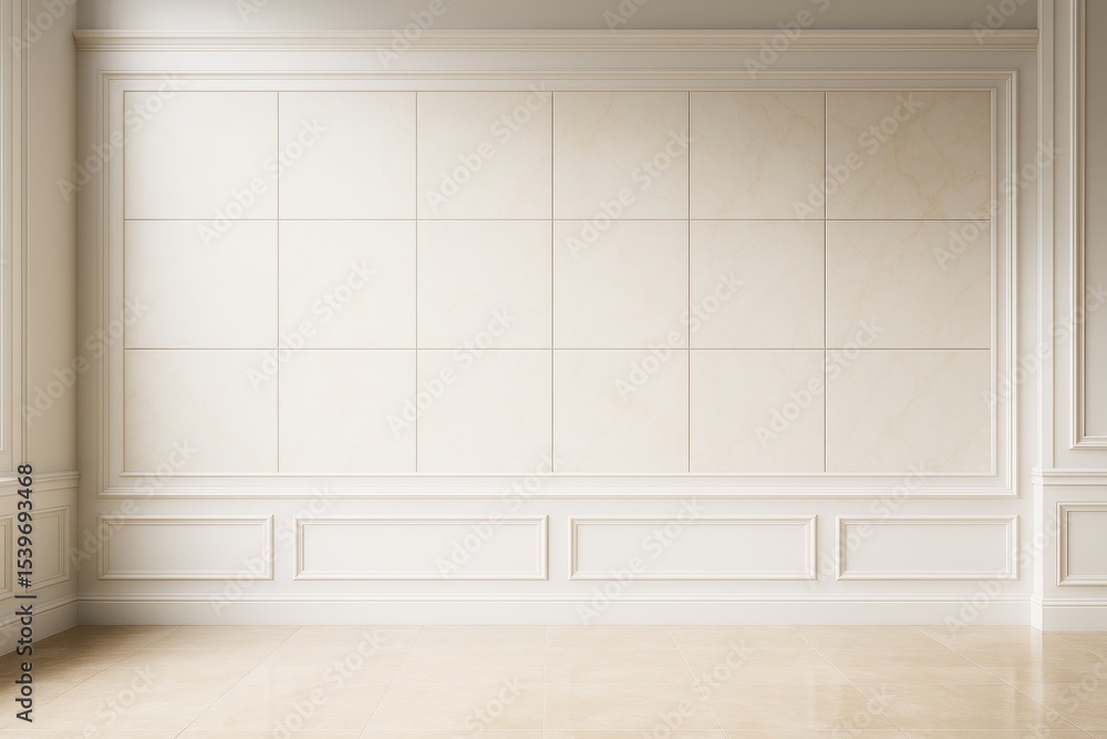Poster classic empty interior room with elegant beige panel wall and tiled floor in soft natural light for 