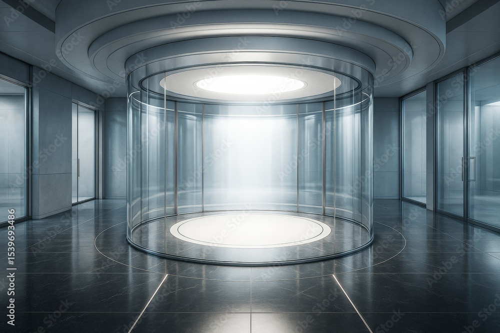 Aufkleber futuristic empty glass room with circular architecture and bright ceiling light in modern interior s
