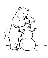 A polar bear building a snowman
