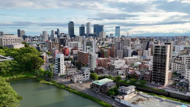 Aerial view of Nagoya city skyline at sunset, Japan