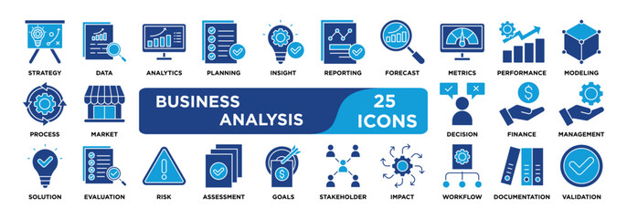 Business Analysis icon collection set. Containing strategy,data,analytics,planning,insight,reporting,forecast,metrics,performance,modeling icon. dual tone vector.