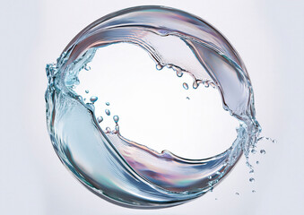 水飛沫でできた輪　白背景に虹色の光
