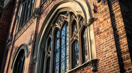 Obraz premium Architectural brick building featuring large stained glass arched window details