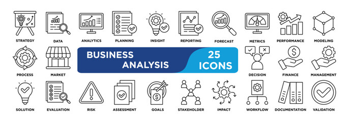 Business Analysis icon collection set. Containing strategy,data,analytics,planning,insight,reporting,forecast,metrics,performance,modeling icon. Simple line vector.