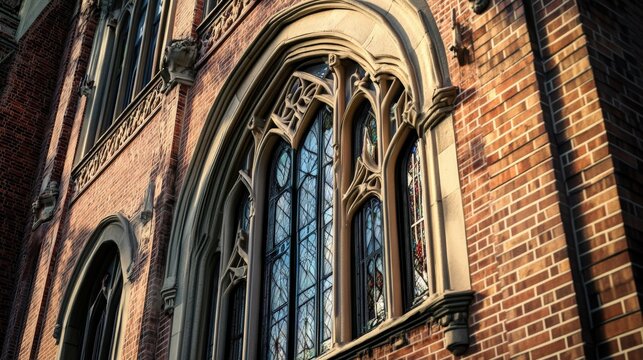 Architectural brick building featuring large stained glass arched window details - Powered by Adobe